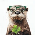 Cute otter in St. Patrick's Day green glasses and holds shamrocks. Irish holiday folklore theme.