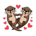 Cute Otters Holding Hands Surrounded by Hearts Cartoon Vector Illustration