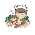 Cute Otters for Mother`s Day. Otters mom and baby sleep on flower field