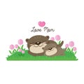 Cute Otters for Mothers Day. Otters mom and baby sleep on flower field