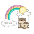 Cute Otters for Mother`s Day. Otters mom and baby swing in the sky