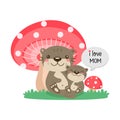 Cute Otters for Mother`s Day. Otters mom and baby under mushrooms Royalty Free Stock Photo