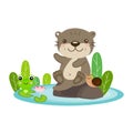 Cute otters sitting on rocks cartoon illustration Royalty Free Stock Photo