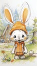 Cute outdoor camper bunny wearing an orange hoodie on a camp site. Generative AI illustration