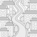 Cute outdoors coloring book page for adults and kids. Hand drawn buildings, park trees, street Royalty Free Stock Photo