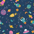 Cute outer space design for kids, fun rockets, planets, stars - great for textiles, banners, wallpapers, wrapping - vector design