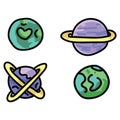 Cute outer space planets cartoon vector illustration motif set. Hand drawn isolated galaxy elements clipart for Royalty Free Stock Photo