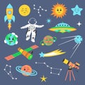 Cute outer space universe set. Cosmic bundle with cartoon planets, spaceship