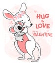 Cute outline drawing koala hug and love kangaroo, flat vector animal character cartoon idea for greeting card, nursery print and