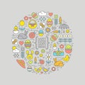 Cute outline easter and spring icons within a circle shape. Royalty Free Stock Photo