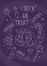 Cute outline halloween poster. Jack-o-lantern pumpin with tradiotional desserts, candy, jelly and snacks. Trick or treat