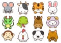 Cute outlined Chinese Zodiac Animals with front paws