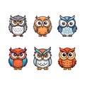 Cute owl birds set isolated on white background. Colorful cartoon owls. Royalty Free Stock Photo