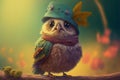Cute Owl on Branch: Whimsical Forest Character with Hat and Scarf