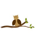Cute owl on a branch on a white background. Children`s character. Flat vector. Illustration.