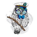 Cute owl in the captain's cap, glasses and tie.