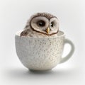 Cute owl chick with big eyes in a cup, isolated on white close-up, Royalty Free Stock Photo