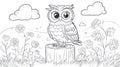 Cute Owl Perched On Stump Among Flowers - Coloring Page Outline Royalty Free Stock Photo