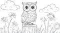 Cute Owl Perched on Tree Stump, Surrounded by Flowers and Clouds - Outline Drawing Royalty Free Stock Photo