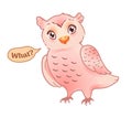 Cute owl in confusion. Funny cartoon emoji or smiley in a children`s style