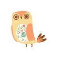 Cute Owl Decorated with Floral Seamless Pattern, Lovely Bird Cartoon Character Vector Illustration Royalty Free Stock Photo