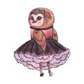 Cute owl in a dress. Watercolor, vector.