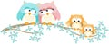 Cute owl family on spring tree branch Royalty Free Stock Photo