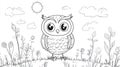 Cute Owlet Standing in Field with Sun and Clouds, Line Art for Coloring Royalty Free Stock Photo