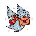 Cute owl flies, delivers a letter. Simple vector icon. The bird holds a message from the school of magic in its beak