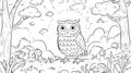 Cute cartoon owl standing in forest with sun rays and clouds, black and white drawing Royalty Free Stock Photo