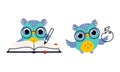 Cute Owl in Glasses Writing in Book with Pen and Holding Apple Vector Set Royalty Free Stock Photo