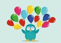 A cute owl has a happy smile and flips many colorful balloons.