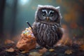 Cute owl kid with Halloween costume collects candy