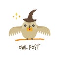 Cute owl in a magic hat with a letter. Owl post