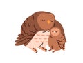 Cute owl mom and baby. Birds family. Mother hugging kid with wing. Adorable sweet forest mommy and little child birdies