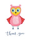 Cute owl or owlet and Thank You phrase handwritten with cursive calligraphic font. Funny adorable wise forest bird