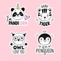 Cute Owl, penguin queen, panda unicorn, baby tiger faces in sketch style. Doodle animals set. Funny quotes, puns. Royalty Free Stock Photo