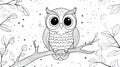 Cute cartoon owl on a branch, line art, vector drawing, no color, simple Royalty Free Stock Photo