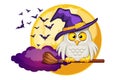 Cute owl in a purple witch hat with a night moon background with bats. Happy Halloween poster, greeting card, postcard.