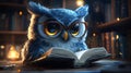 Cute owl reading book in library, night scene Royalty Free Stock Photo