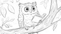 Cute Owl Reading Book on Tree Branch, Line Art Royalty Free Stock Photo