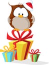 Cute owl with santas hat sitting on christmas gift - vector