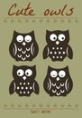 Cute owl silhouette illustration. Hand draw of night birds