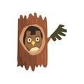 Cute owl sitting in hollow of tree, hollowed out old tree and cute animal cartoon character inside vector Illustration