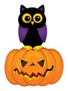 Cute Owl Sitting on Scary Pumpkin. Vector Happy Halloween Royalty Free Stock Photo