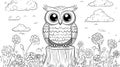 Cute Owl Perched on Tree Stump in Field of Flowers, Black and White Outline Royalty Free Stock Photo