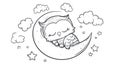 Cute Sleeping Owl on Crescent Moon with Stars and Clouds Line Art Royalty Free Stock Photo