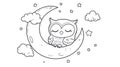 Cute Owl Sleeping on Crescent Moon, Stars and Clouds, Black and White Line Art For Coloring Royalty Free Stock Photo