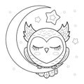 Cute owl sleeps on the moon. Black and white linear illustration. Vector Royalty Free Stock Photo