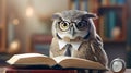Cute owl teacher with pile of books. Back to school concept. Royalty Free Stock Photo